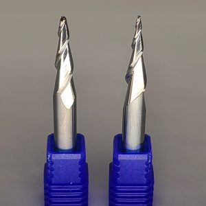 Tapered ball nose end mills with 1/4" shank, showcased in protective blue caps, designed for precision CNC machining.