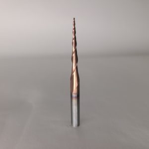 Ultra fine tapered ball nose router bit with 0.5mm radius and 1/4" shank, designed for precise woodworking applications.