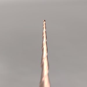 Ultra fine tapered ballnose router bit with a 0.5mm radius, showcasing a precision tip for detailed woodworking applications.